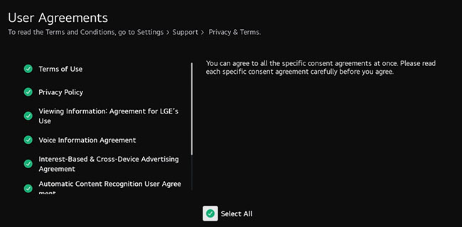accept user agreement on lg tv