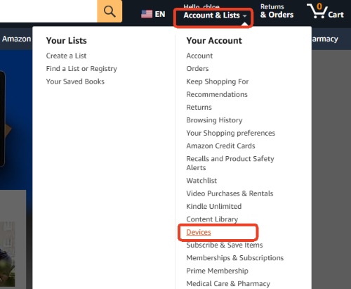 amazon devices menu