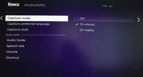 captions mode on roku