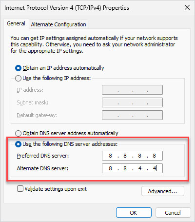 change dns server addresses