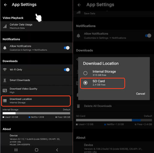 change netflix download location to sd card