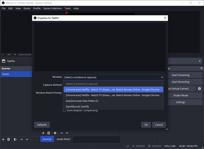 choose chrome as recording source in obs