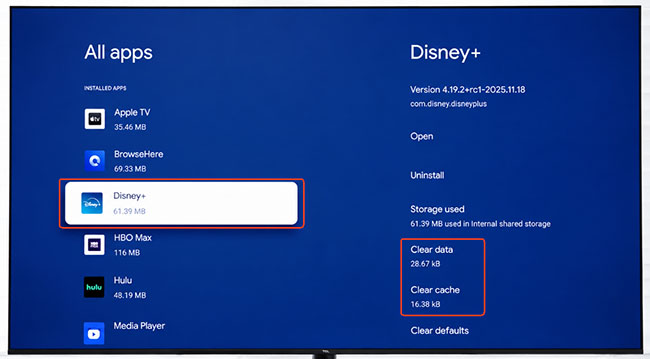 clear disney plus cache data on tv