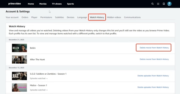 delete movies episodes from watch history on prime video