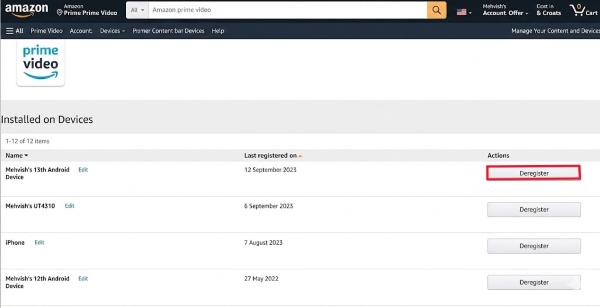 deregister prime video via web browser