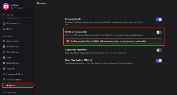 disabel hardware acceleration on discord