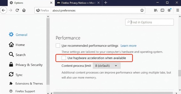 disable hardware acceleration on firefox