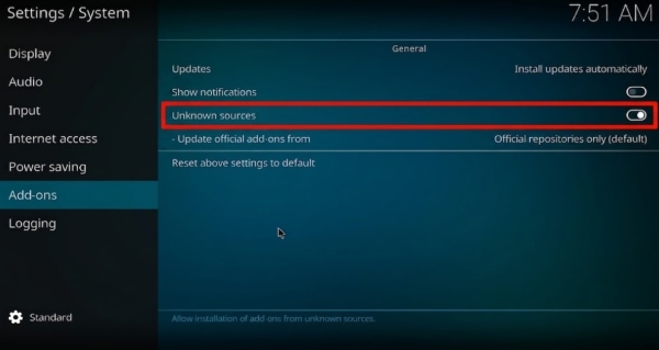 enable unknown source on kodi