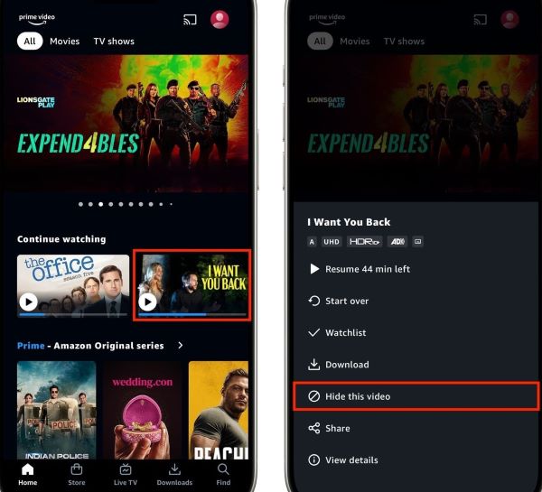 hide a continue watching video from prime video app