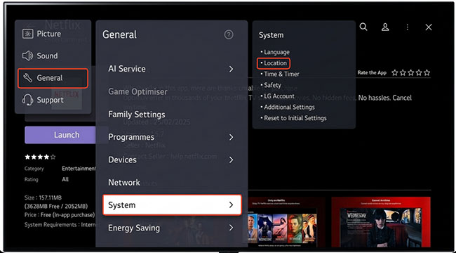 lg tv general system location setting