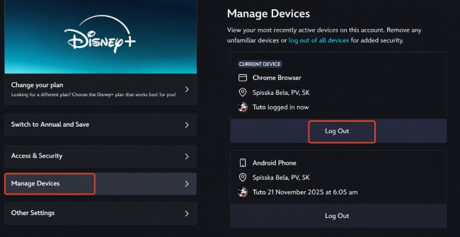 log out of disney plus account