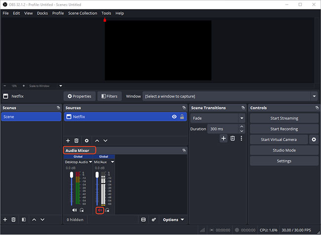 mute mic and aux in obs studio