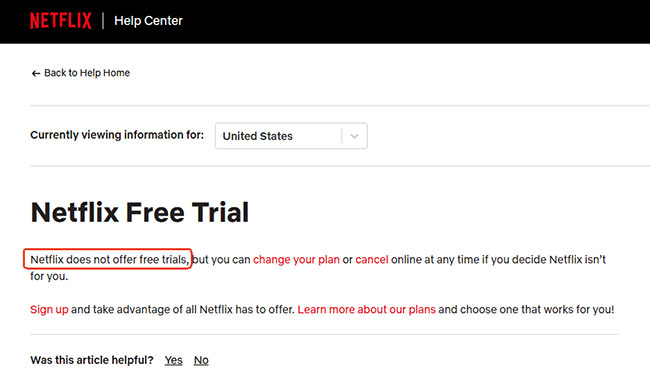 netflix says no free trial