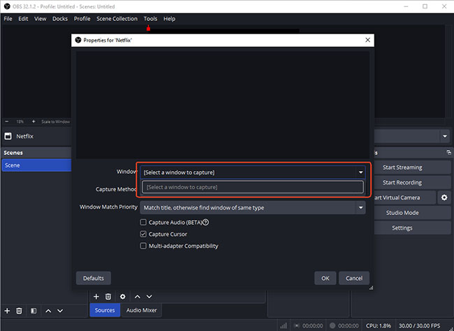 no windows to choose in obs studio