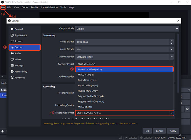 obs studio adjust recording format as mkv
