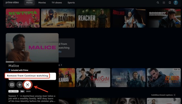 remove continue watching from amazon prime pc