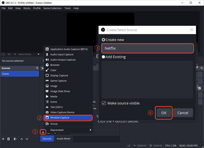select window capture and rename as netflix in obs