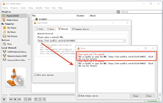 vlc open network stream can't input netflix url